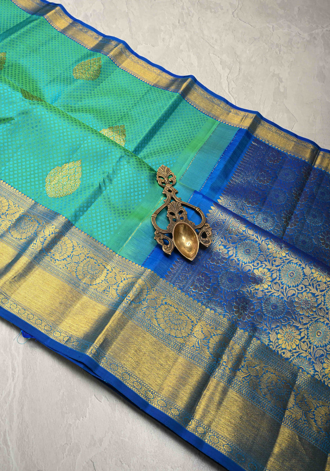 Cyan Dual tone Self Brocade on Kanjivaram Pure Silk Saree with Zari Buttas and Contrst Zari Border | SILK MARK CERTIFIED
