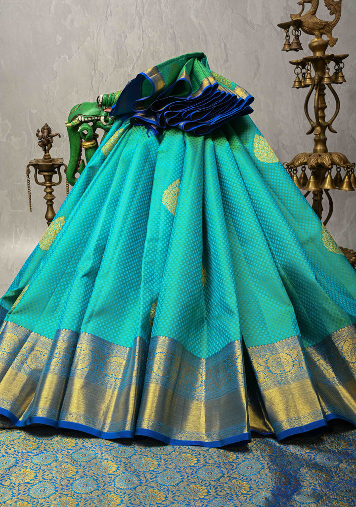 Cyan Dual tone Self Brocade on Kanjivaram Pure Silk Saree with Zari Buttas and Contrst Zari Border | SILK MARK CERTIFIED