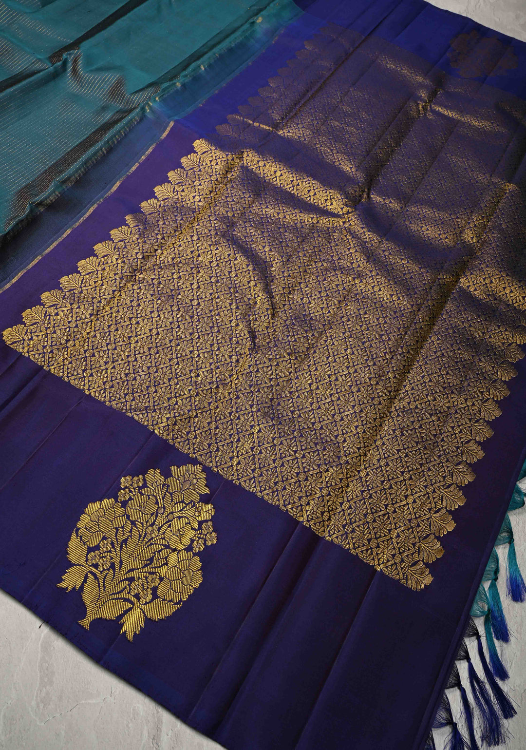 Dark Teal Pure Kanjivaram Silk Handloom Saree with Vairaoosi Zari Stripes and Distinct Floral Motofs on Contrast Border  | SILK MARK CERTIFIED