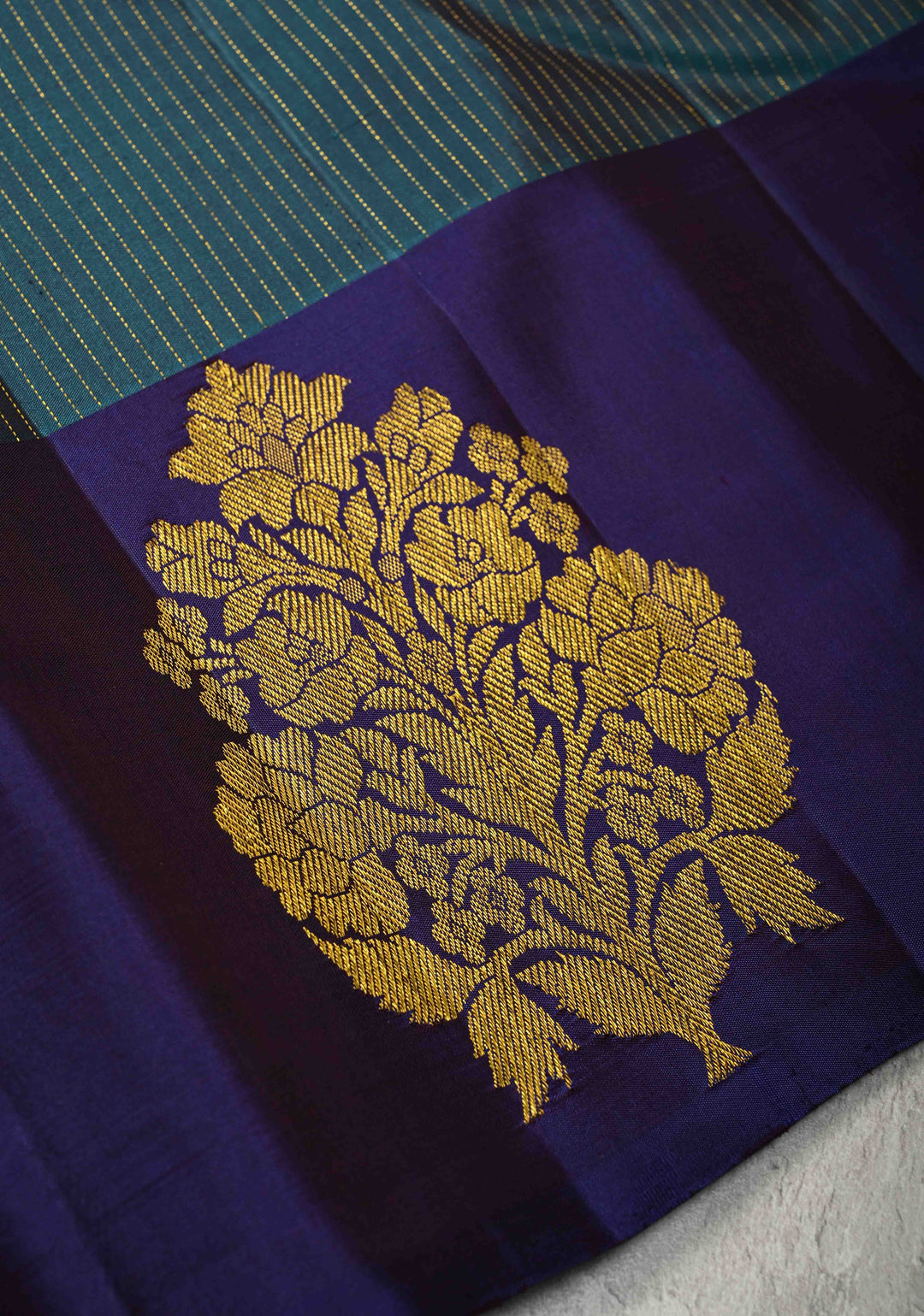 Dark Teal Pure Kanjivaram Silk Handloom Saree with Vairaoosi Zari Stripes and Distinct Floral Motofs on Contrast Border  | SILK MARK CERTIFIED