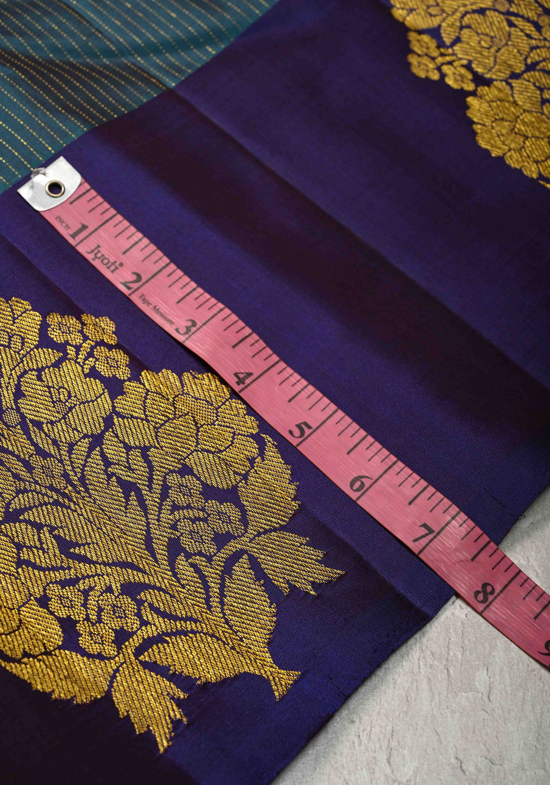 Dark Teal Pure Kanjivaram Silk Handloom Saree with Vairaoosi Zari Stripes and Distinct Floral Motofs on Contrast Border  | SILK MARK CERTIFIED