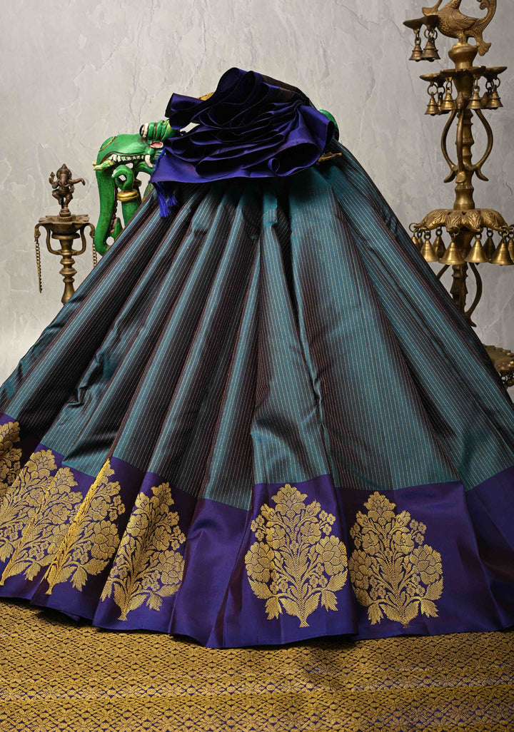 Dark Teal Pure Kanjivaram Silk Handloom Saree with Vairaoosi Zari Stripes and Distinct Floral Motofs on Contrast Border  | SILK MARK CERTIFIED
