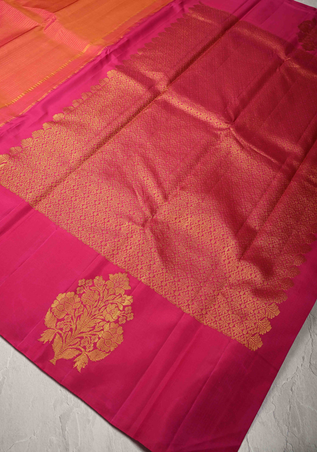 Orange Dual tone Kanjivaram Pure Silk Saree with Vairaoosi Zari Stripes and Distinct Floral Motifs on Pink Border  | SILK MARK CERTIFIED