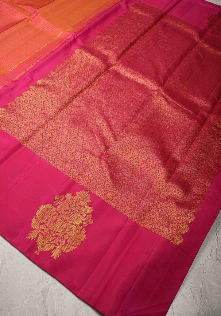 Orange Dual tone Kanjivaram Pure Silk Saree with Vairaoosi Zari Stripes and Distinct Floral Motifs on Pink Border  | SILK MARK CERTIFIED