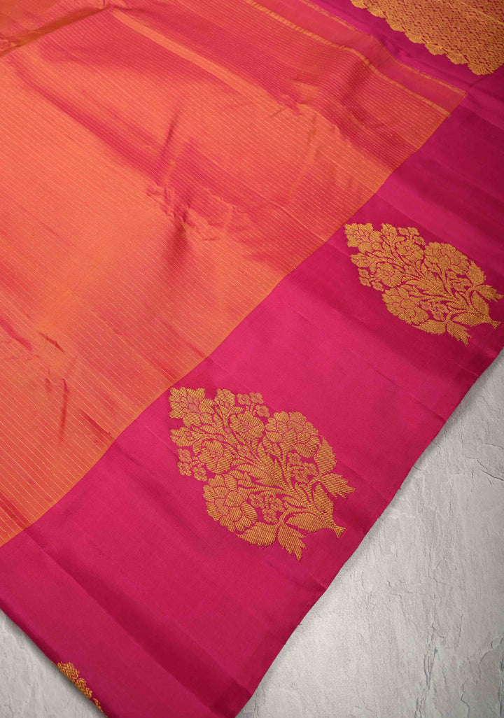 Orange Dual tone Kanjivaram Pure Silk Saree with Vairaoosi Zari Stripes and Distinct Floral Motifs on Pink Border  | SILK MARK CERTIFIED