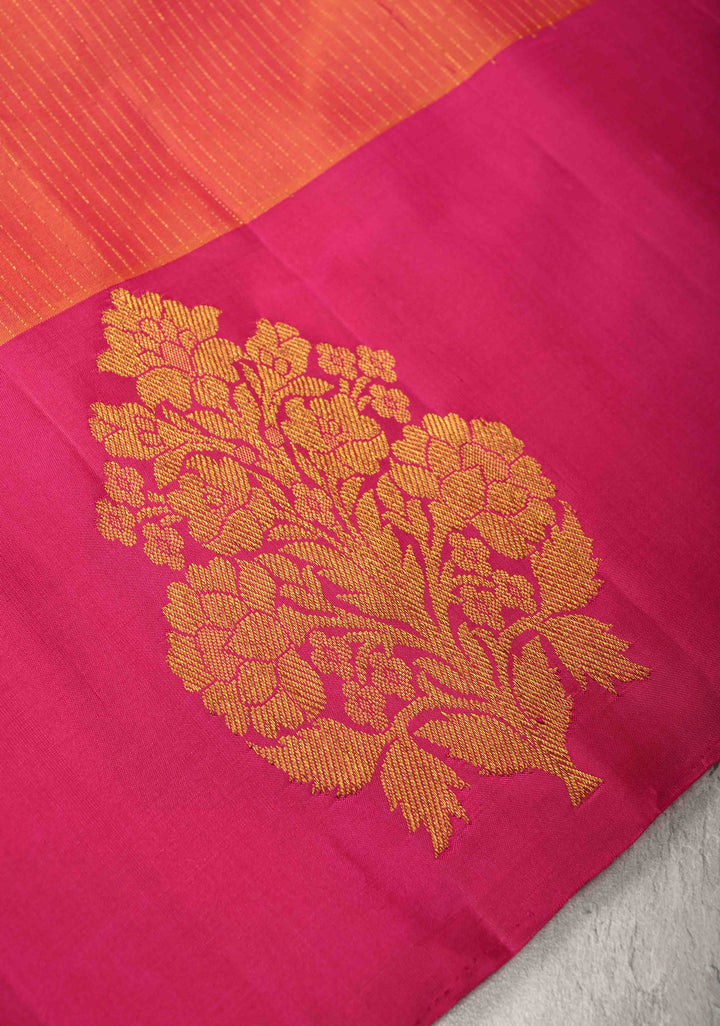 Orange Dual tone Kanjivaram Pure Silk Saree with Vairaoosi Zari Stripes and Distinct Floral Motifs on Pink Border  | SILK MARK CERTIFIED