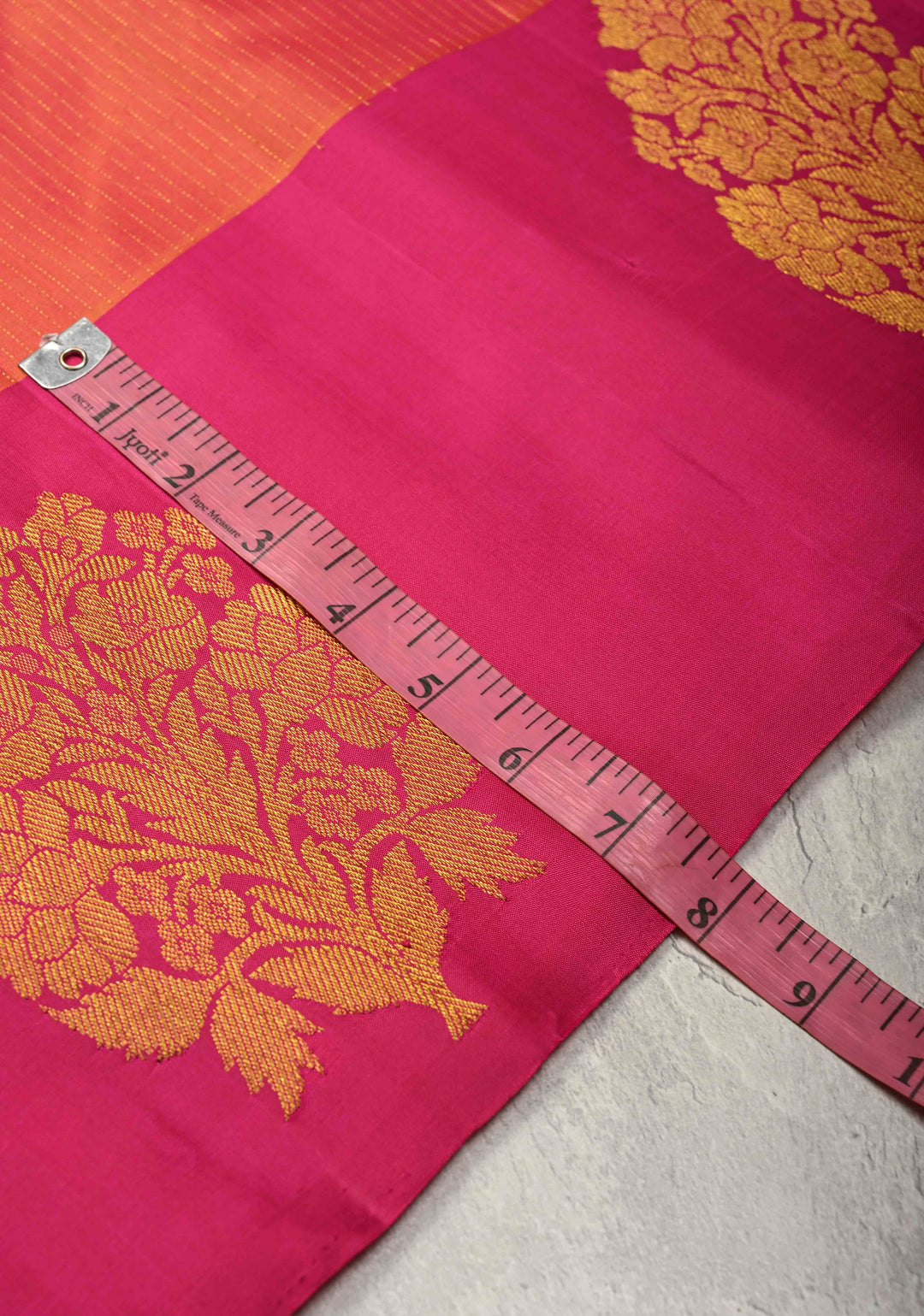 Orange Dual tone Kanjivaram Pure Silk Saree with Vairaoosi Zari Stripes and Distinct Floral Motifs on Pink Border  | SILK MARK CERTIFIED