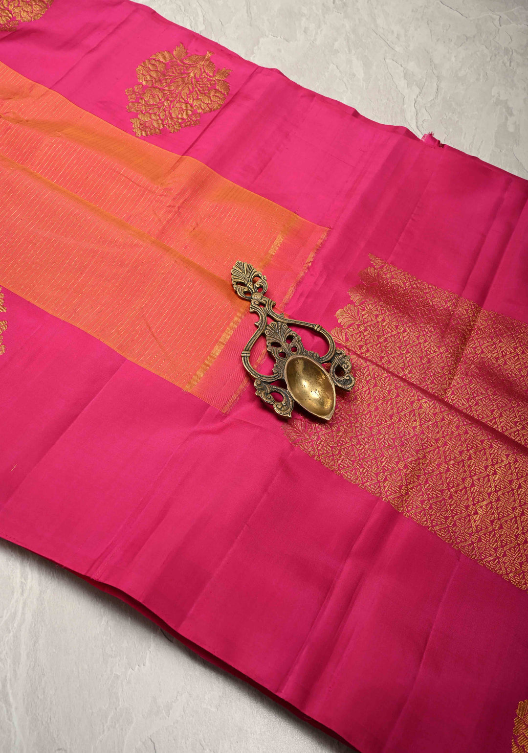 Orange Dual tone Kanjivaram Pure Silk Saree with Vairaoosi Zari Stripes and Distinct Floral Motifs on Pink Border  | SILK MARK CERTIFIED