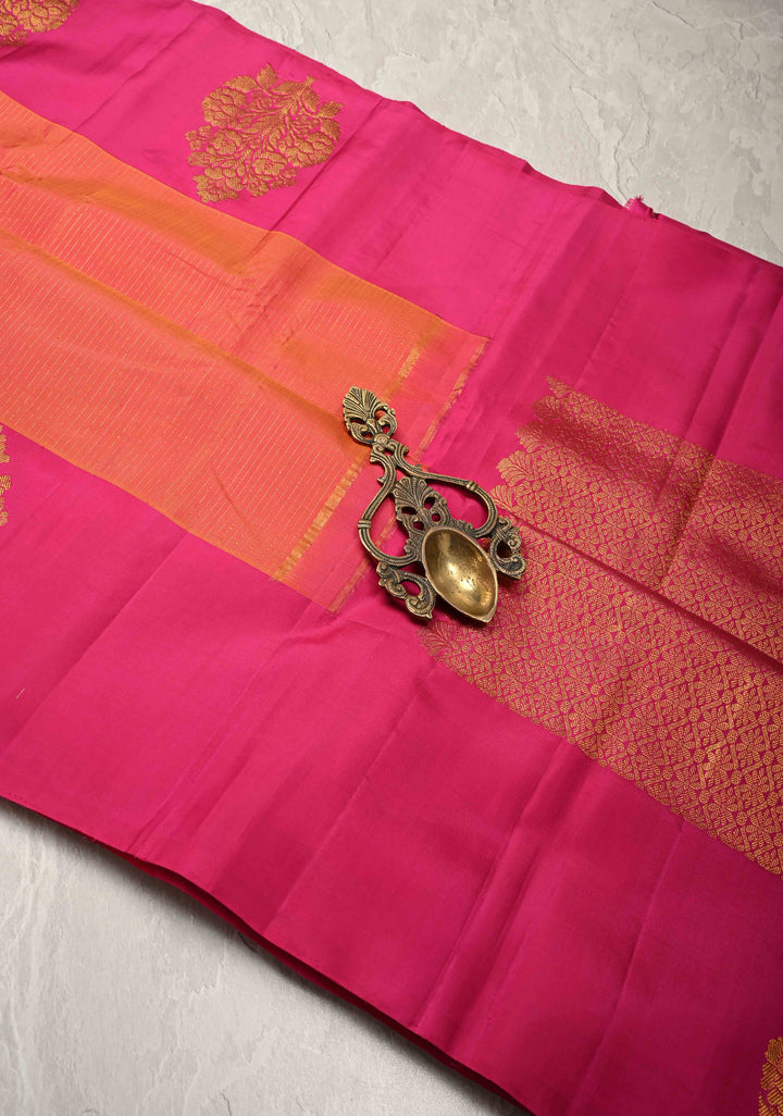 Orange Dual tone Kanjivaram Pure Silk Saree with Vairaoosi Zari Stripes and Distinct Floral Motifs on Pink Border  | SILK MARK CERTIFIED