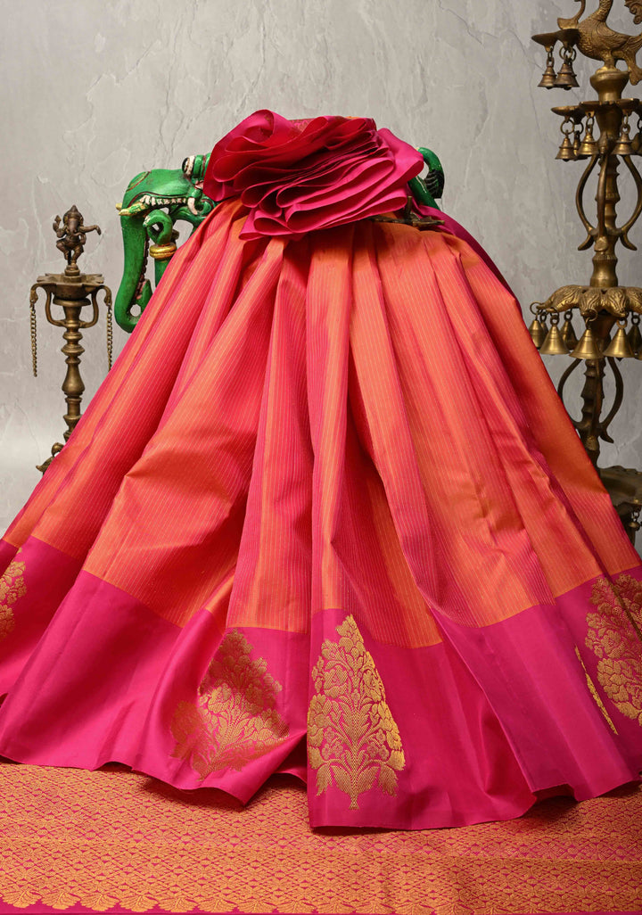 Orange Dual tone Kanjivaram Pure Silk Saree with Vairaoosi Zari Stripes and Distinct Floral Motifs on Pink Border  | SILK MARK CERTIFIED