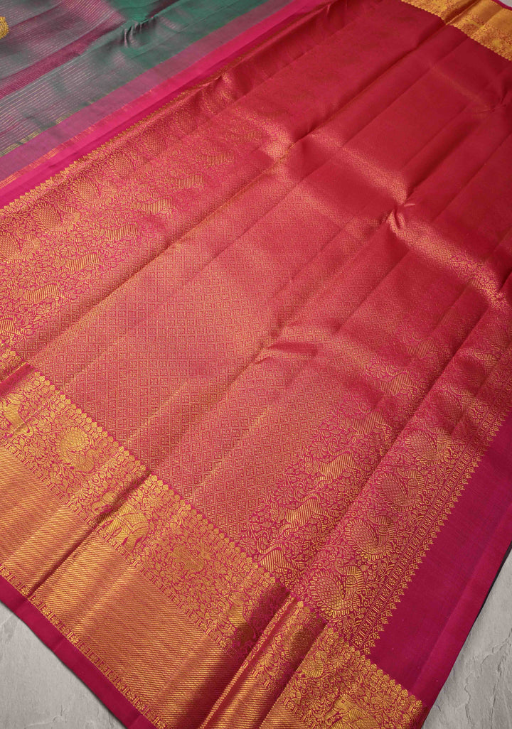 Green-Pink Dual Tone Vairaoosi Zari Stripes on Pure Kanjivaram Silk Handloom Saree with Damask Buttas and Zari Border  | SILK MARK CERTIFIED