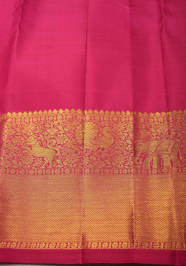 Green-Pink Dual Tone Vairaoosi Zari Stripes on Pure Kanjivaram Silk Handloom Saree with Damask Buttas and Zari Border  | SILK MARK CERTIFIED