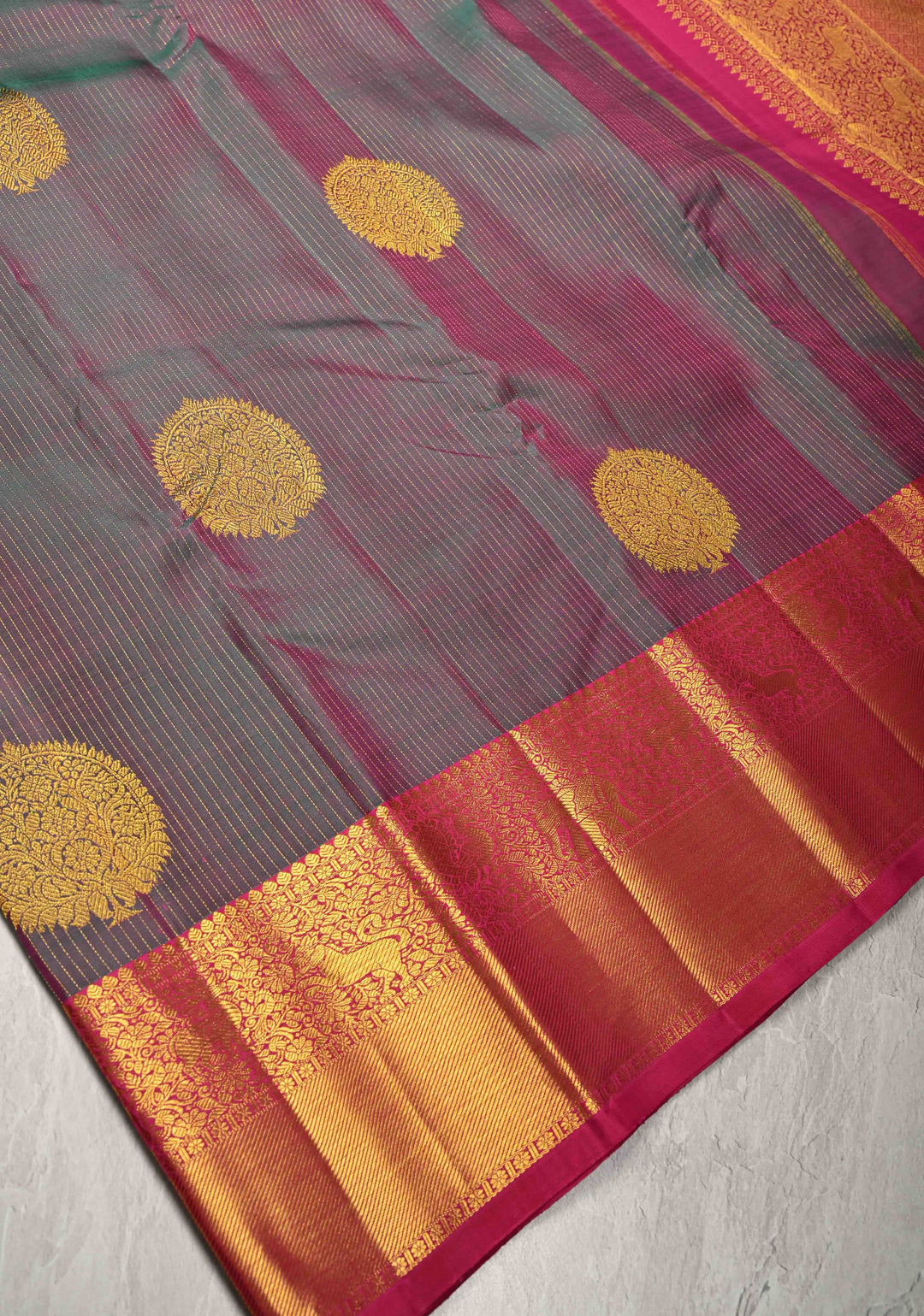 Green-Pink Dual Tone Vairaoosi Zari Stripes on Pure Kanjivaram Silk Handloom Saree with Damask Buttas and Zari Border  | SILK MARK CERTIFIED