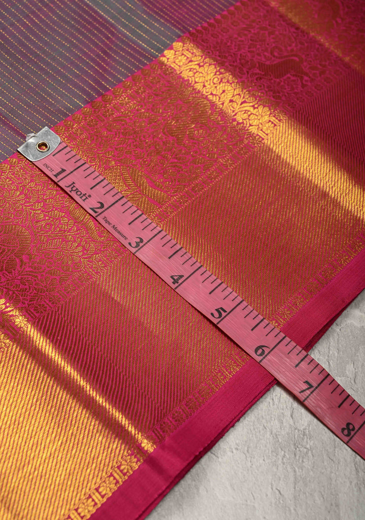 Green-Pink Dual Tone Vairaoosi Zari Stripes on Pure Kanjivaram Silk Handloom Saree with Damask Buttas and Zari Border  | SILK MARK CERTIFIED