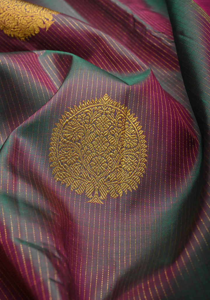 Green-Pink Dual Tone Vairaoosi Zari Stripes on Pure Kanjivaram Silk Handloom Saree with Damask Buttas and Zari Border  | SILK MARK CERTIFIED