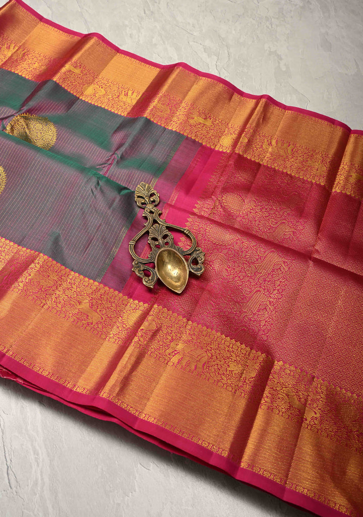 Green-Pink Dual Tone Vairaoosi Zari Stripes on Pure Kanjivaram Silk Handloom Saree with Damask Buttas and Zari Border  | SILK MARK CERTIFIED