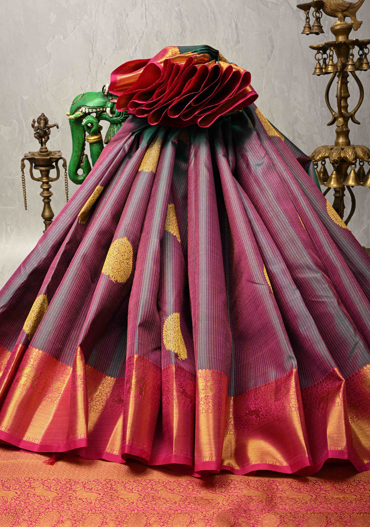 Green-Pink Dual Tone Vairaoosi Zari Stripes on Pure Kanjivaram Silk Handloom Saree with Damask Buttas and Zari Border  | SILK MARK CERTIFIED