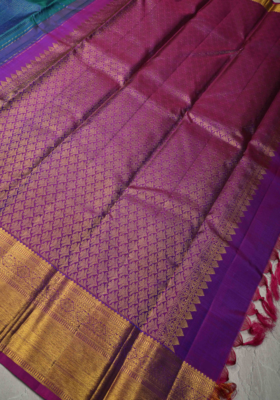 Peacock Blue Dual Tone Vairaoosi Zari Stripes on Pure Kanjivaram Silk Handloom Saree with Damask Buttas and Zari Border  | SILK MARK CERTIFIED