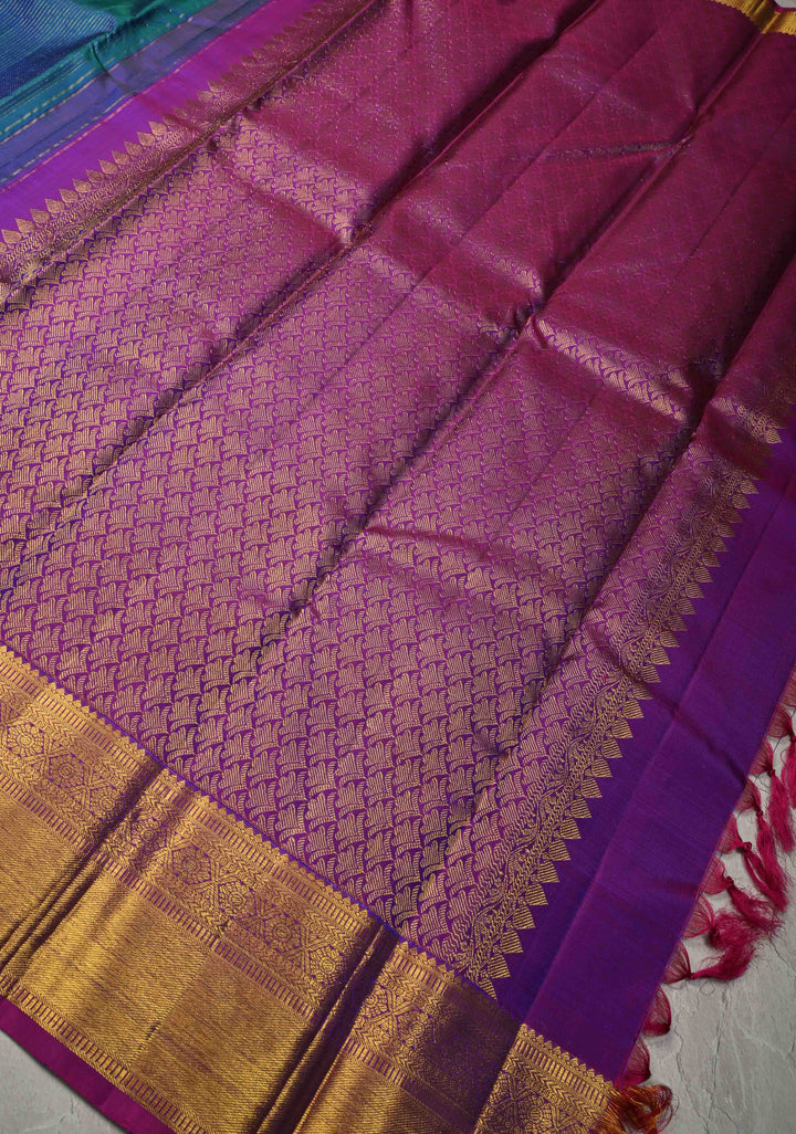 Peacock Blue Dual Tone Vairaoosi Zari Stripes on Pure Kanjivaram Silk Handloom Saree with Damask Buttas and Zari Border  | SILK MARK CERTIFIED