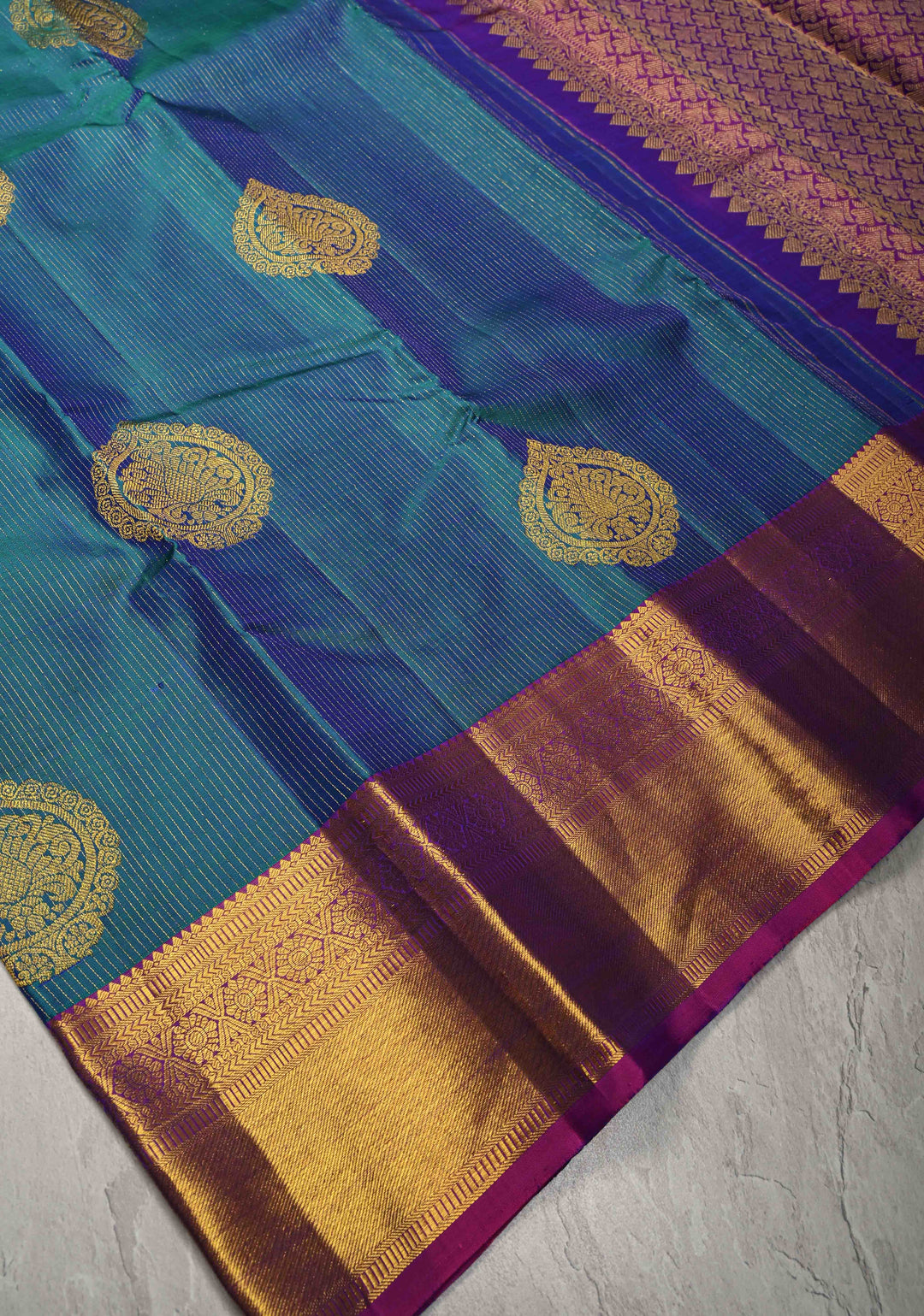 Peacock Blue Dual Tone Vairaoosi Zari Stripes on Pure Kanjivaram Silk Handloom Saree with Damask Buttas and Zari Border  | SILK MARK CERTIFIED