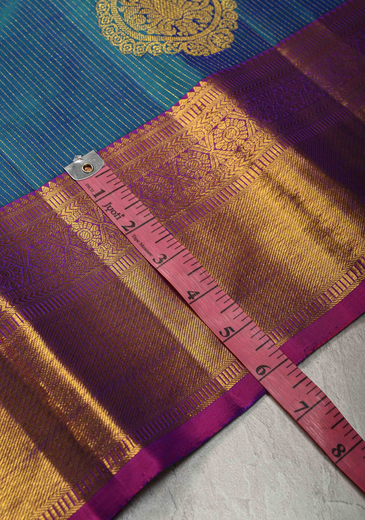 Peacock Blue Dual Tone Vairaoosi Zari Stripes on Pure Kanjivaram Silk Handloom Saree with Damask Buttas and Zari Border  | SILK MARK CERTIFIED