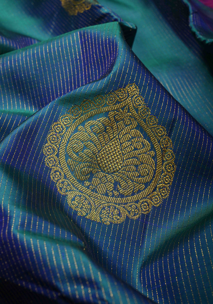 Peacock Blue Dual Tone Vairaoosi Zari Stripes on Pure Kanjivaram Silk Handloom Saree with Damask Buttas and Zari Border  | SILK MARK CERTIFIED