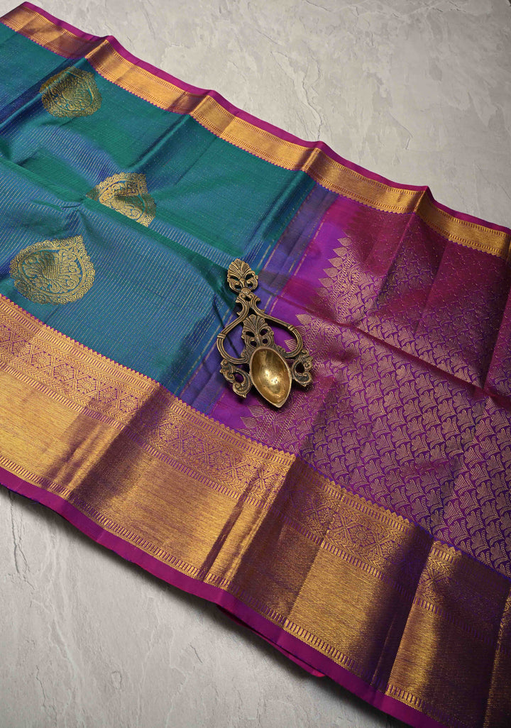 Peacock Blue Dual Tone Vairaoosi Zari Stripes on Pure Kanjivaram Silk Handloom Saree with Damask Buttas and Zari Border  | SILK MARK CERTIFIED