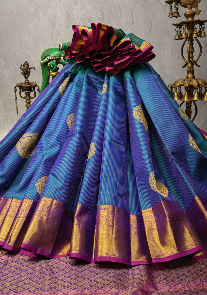 Peacock Blue Dual Tone Vairaoosi Zari Stripes on Pure Kanjivaram Silk Handloom Saree with Damask Buttas and Zari Border  | SILK MARK CERTIFIED