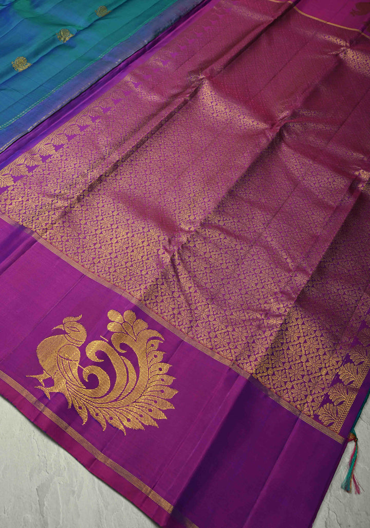 Peacock Green Dual Tone Pure Kanjivaram Silk Handloom Saree with Zari Motifs and Distinct Peacock on Border| SILK MARK CERTIFIED