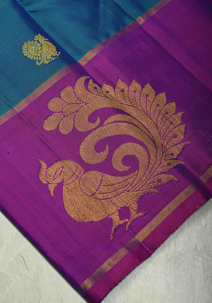 Peacock Green Dual Tone Pure Kanjivaram Silk Handloom Saree with Zari Motifs and Distinct Peacock on Border| SILK MARK CERTIFIED