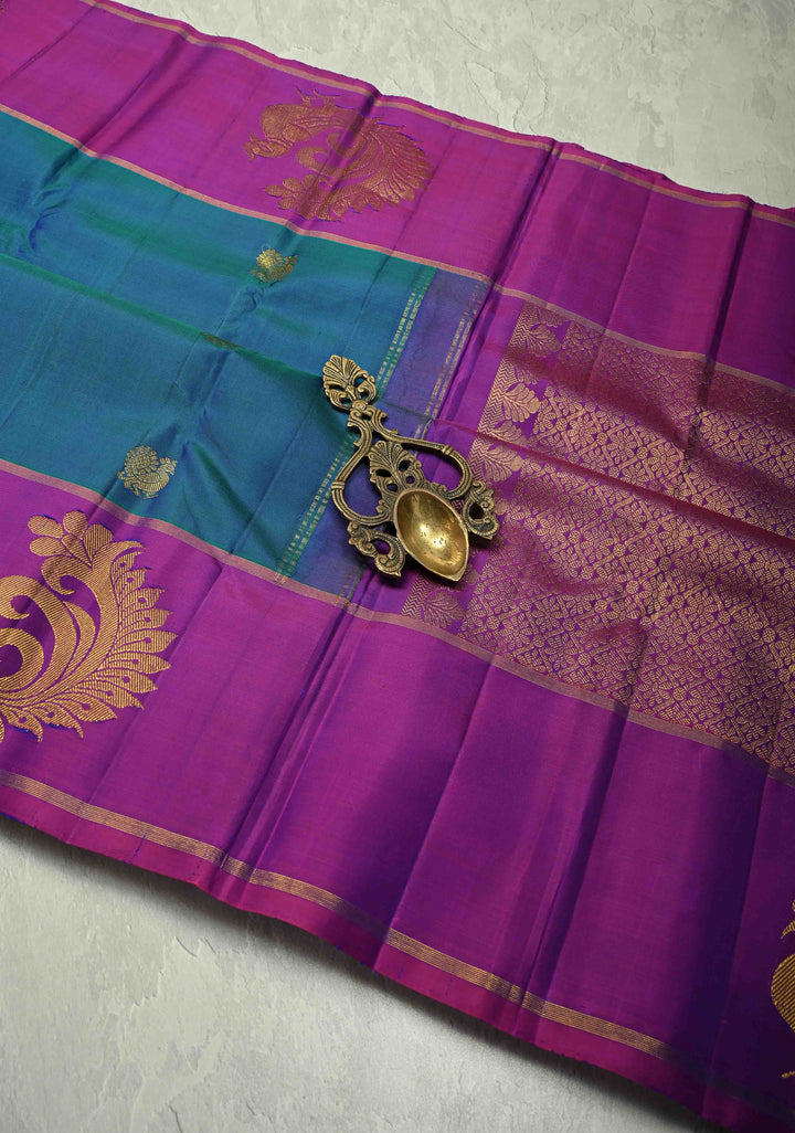 Peacock Green Dual Tone Pure Kanjivaram Silk Handloom Saree with Zari Motifs and Distinct Peacock on Border| SILK MARK CERTIFIED