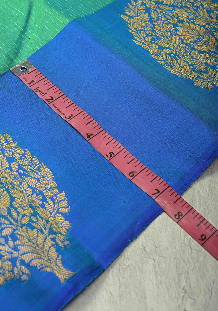 Sea Green Dual tone Pure Kanjivaram Silk Handloom Saree with Vairaoosi Zari Stripes and Distinct Floral Motifs on Contrast Border  | SILK MARK CERTIFIED