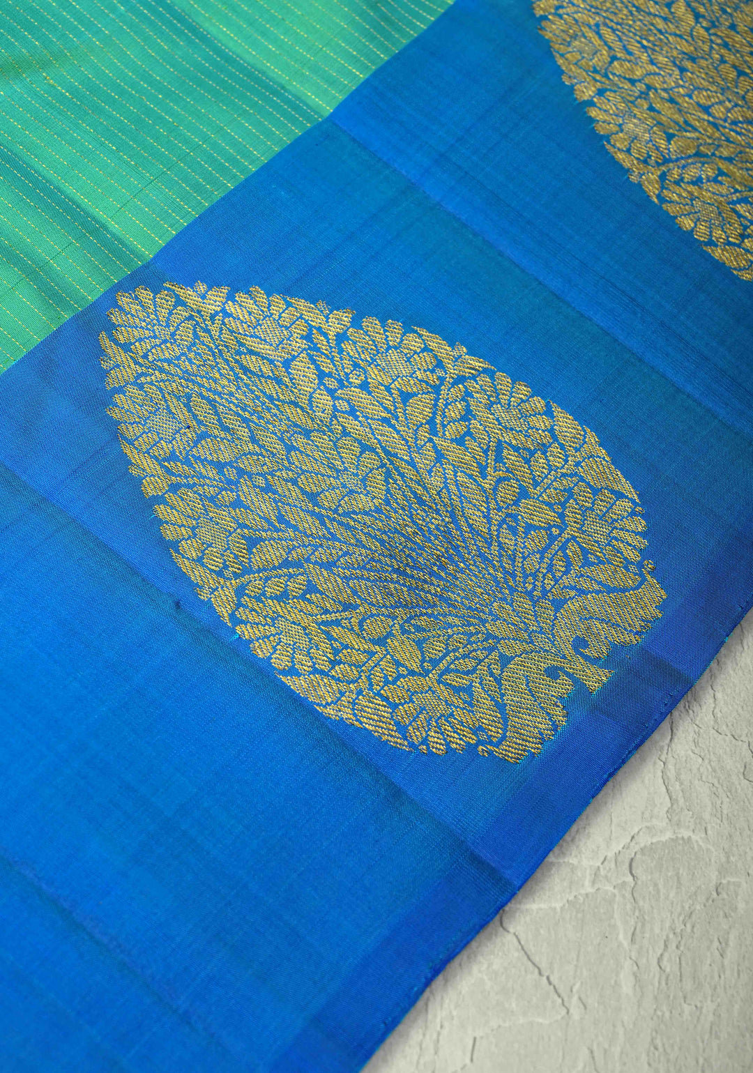 Sea Green Dual tone Pure Kanjivaram Silk Handloom Saree with Vairaoosi Zari Stripes and Distinct Tree Motifs on Contrast Border  | SILK MARK CERTIFIED