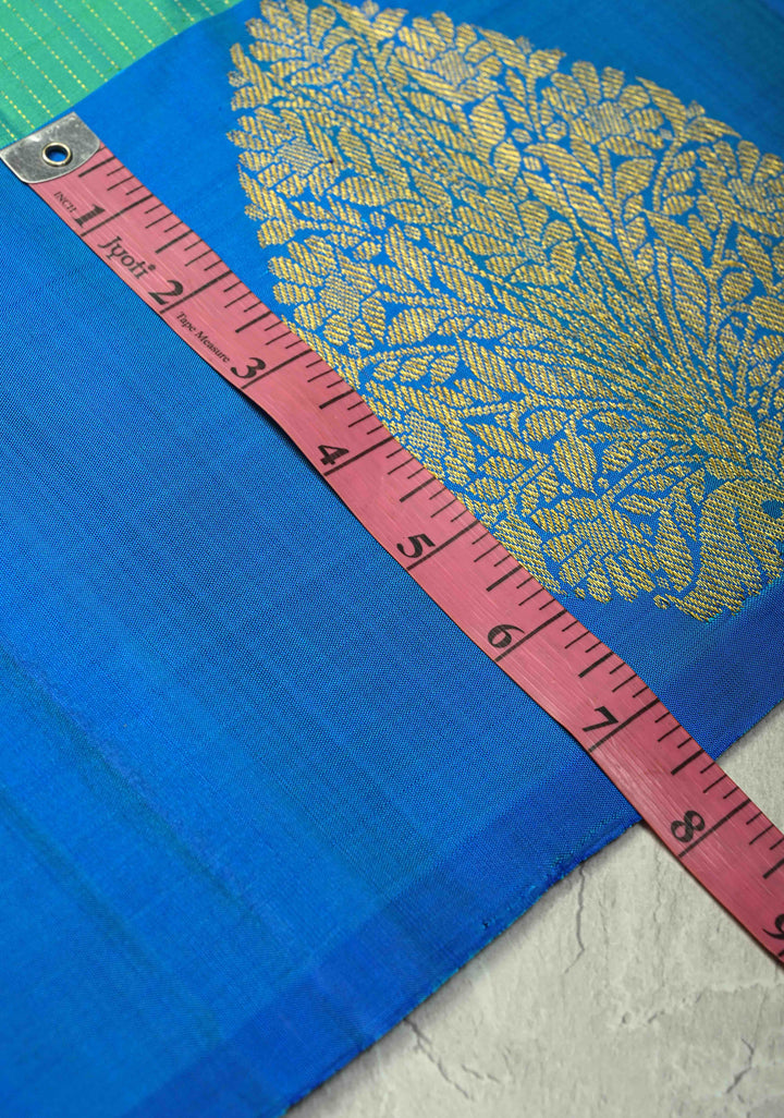 Sea Green Dual tone Pure Kanjivaram Silk Handloom Saree with Vairaoosi Zari Stripes and Distinct Tree Motifs on Contrast Border  | SILK MARK CERTIFIED