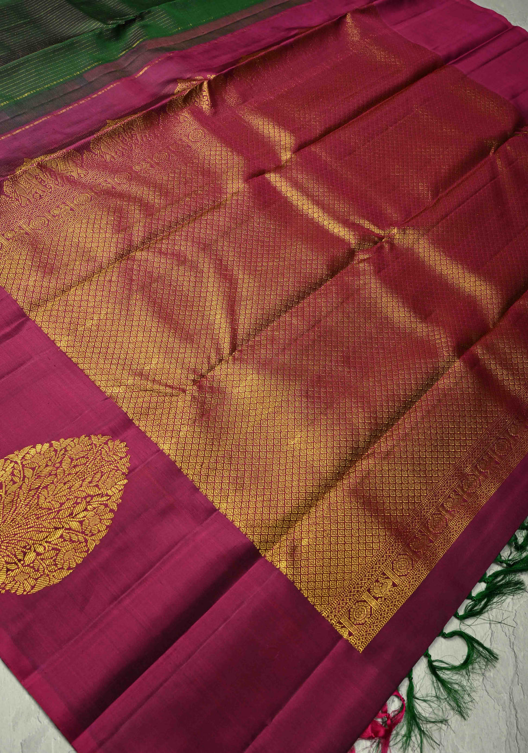 Dark Green Pure Kanjivaram Silk Handloom Saree with Vairaoosi Zari Stripes and Distinct Tree Motifs on Contrast Border  | SILK MARK CERTIFIED