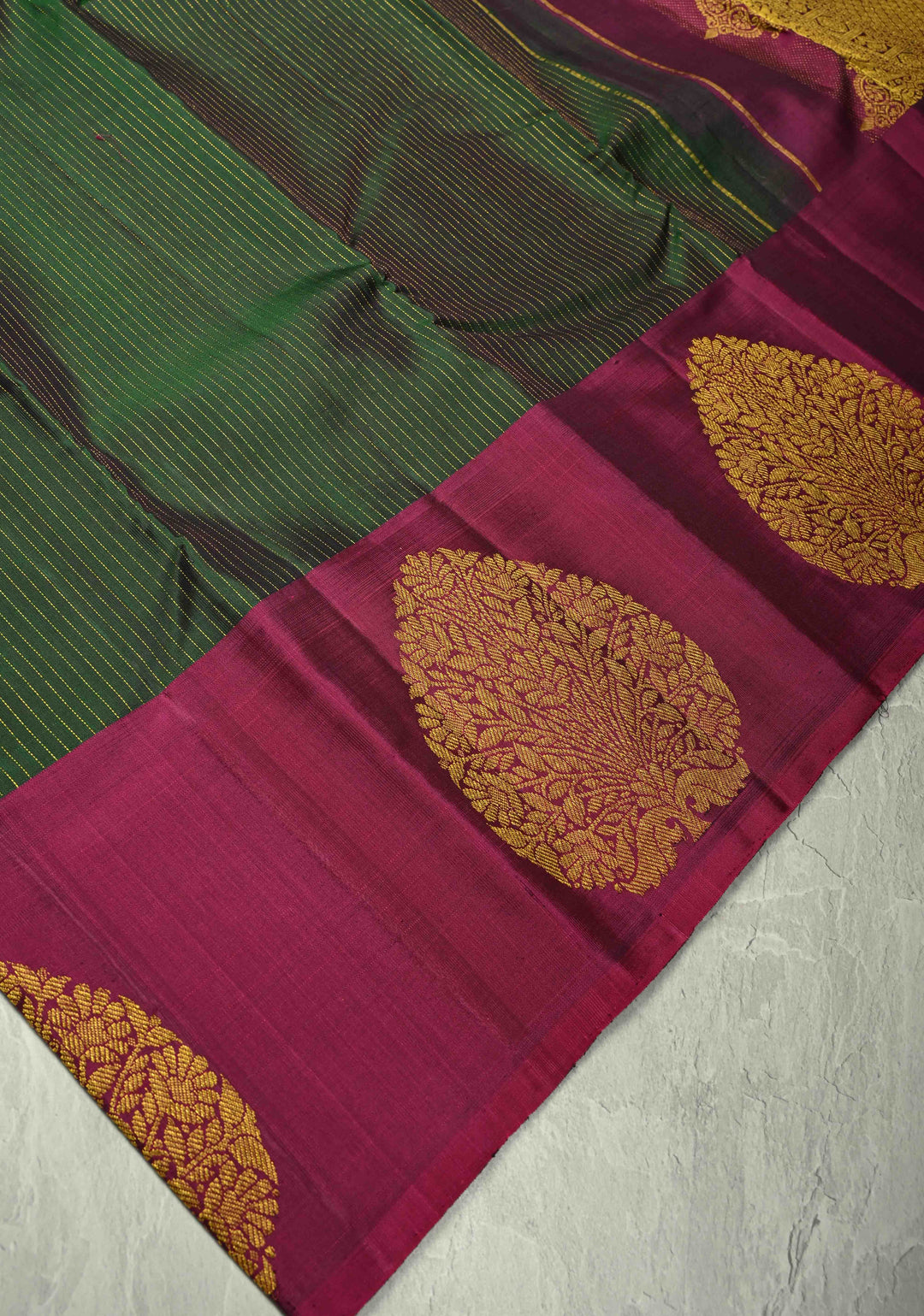 Dark Green Pure Kanjivaram Silk Handloom Saree with Vairaoosi Zari Stripes and Distinct Tree Motifs on Contrast Border  | SILK MARK CERTIFIED
