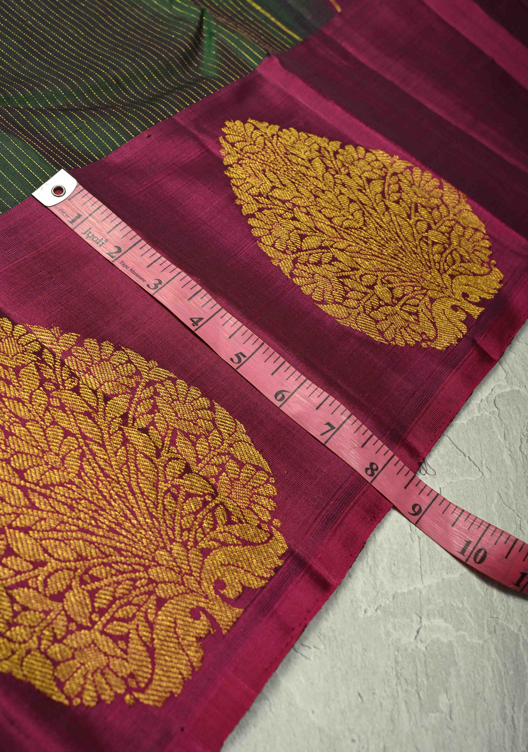 Dark Green Pure Kanjivaram Silk Handloom Saree with Vairaoosi Zari Stripes and Distinct Tree Motifs on Contrast Border  | SILK MARK CERTIFIED