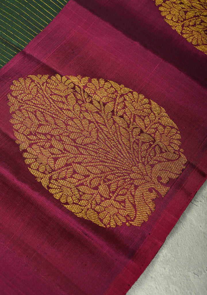 Dark Green Pure Kanjivaram Silk Handloom Saree with Vairaoosi Zari Stripes and Distinct Tree Motifs on Contrast Border  | SILK MARK CERTIFIED