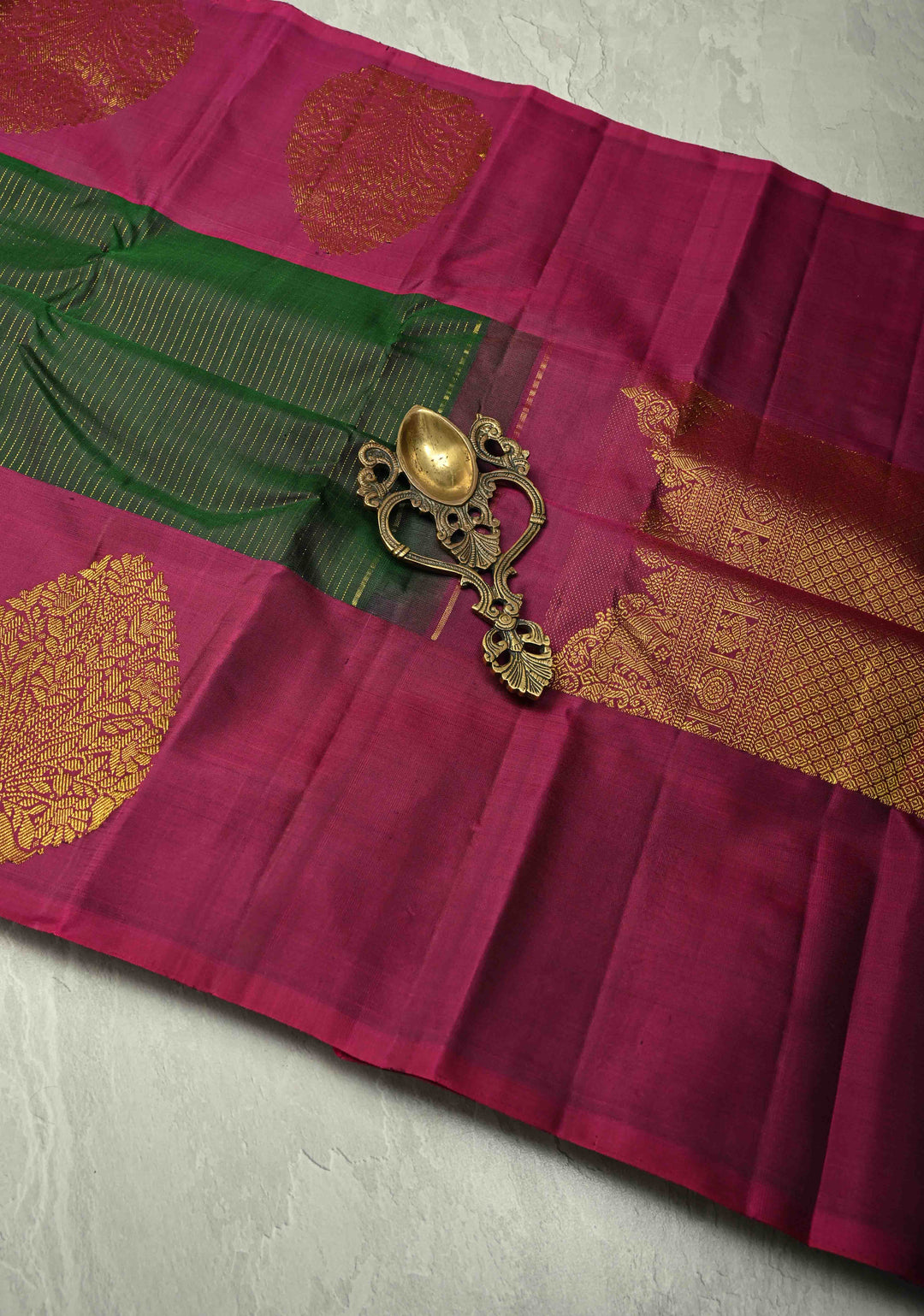 Dark Green Pure Kanjivaram Silk Handloom Saree with Vairaoosi Zari Stripes and Distinct Tree Motifs on Contrast Border  | SILK MARK CERTIFIED