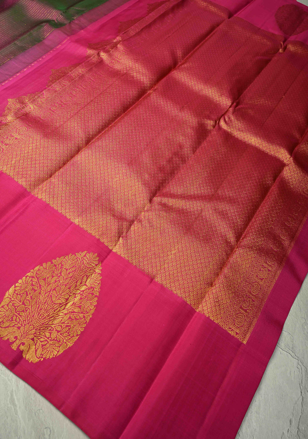 Green-Pink Dual tone Pure Kanjivaram Silk Handloom Saree with Vairaoosi Zari Stripes and Distinct Tree Motifs on Pink Border  | SILK MARK CERTIFIED