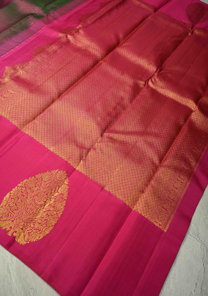 Green-Pink Dual tone Pure Kanjivaram Silk Handloom Saree with Vairaoosi Zari Stripes and Distinct Tree Motifs on Pink Border  | SILK MARK CERTIFIED