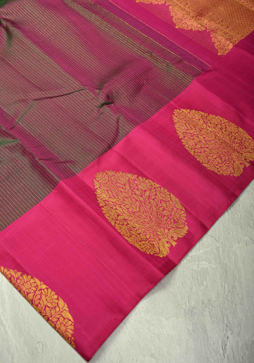 Green-Pink Dual tone Pure Kanjivaram Silk Handloom Saree with Vairaoosi Zari Stripes and Distinct Tree Motifs on Pink Border  | SILK MARK CERTIFIED