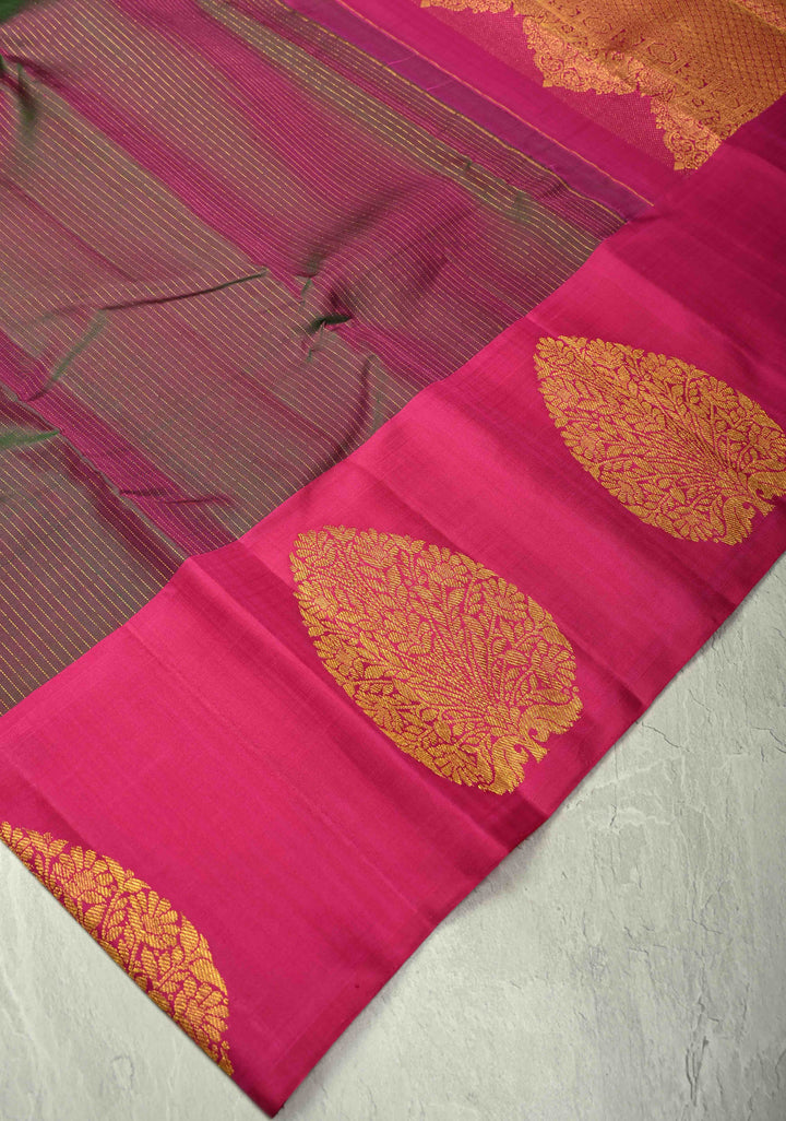 Green-Pink Dual tone Pure Kanjivaram Silk Handloom Saree with Vairaoosi Zari Stripes and Distinct Tree Motifs on Pink Border  | SILK MARK CERTIFIED