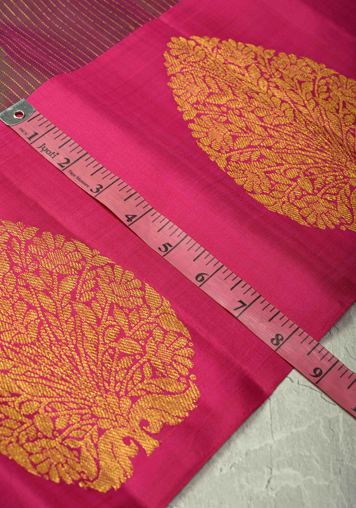 Green-Pink Dual tone Pure Kanjivaram Silk Handloom Saree with Vairaoosi Zari Stripes and Distinct Tree Motifs on Pink Border  | SILK MARK CERTIFIED