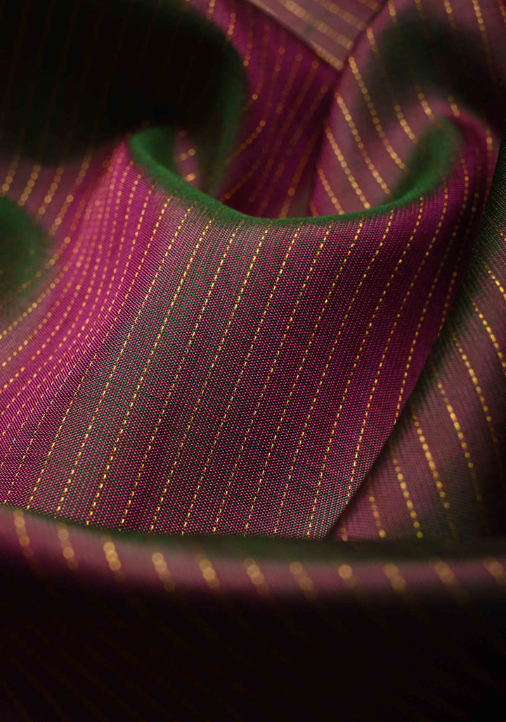 Green-Pink Dual tone Pure Kanjivaram Silk Handloom Saree with Vairaoosi Zari Stripes and Distinct Tree Motifs on Pink Border  | SILK MARK CERTIFIED