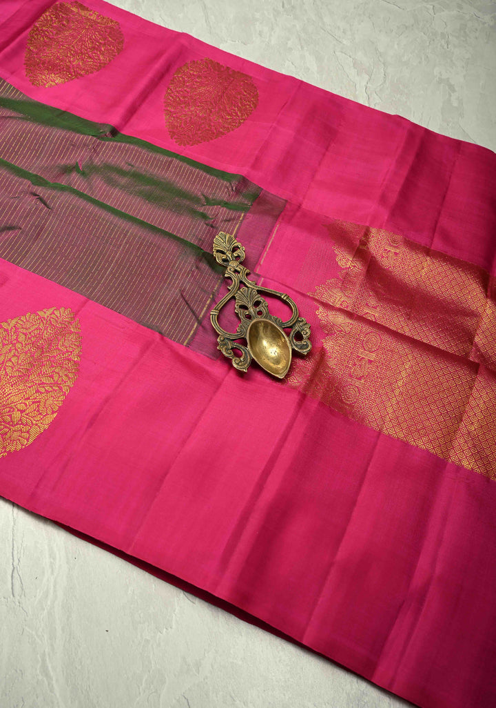 Green-Pink Dual tone Pure Kanjivaram Silk Handloom Saree with Vairaoosi Zari Stripes and Distinct Tree Motifs on Pink Border  | SILK MARK CERTIFIED