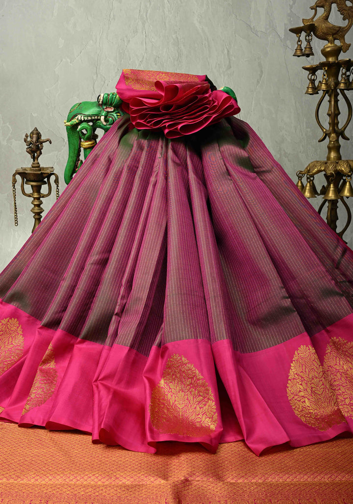 Green-Pink Dual tone Pure Kanjivaram Silk Handloom Saree with Vairaoosi Zari Stripes and Distinct Tree Motifs on Pink Border  | SILK MARK CERTIFIED