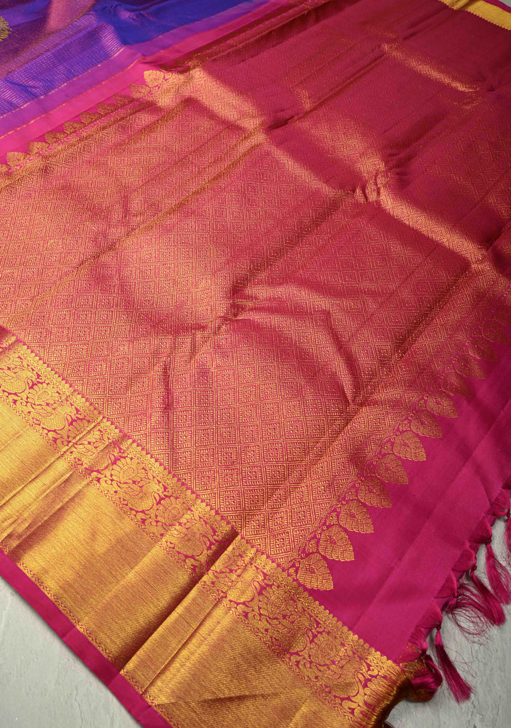 Purple Dual tone Vairaoosi Zari Stripes on Pure Kanjivaram Silk Handloom Saree with Tree Buttas and Zari Border  | SILK MARK CERTIFIED