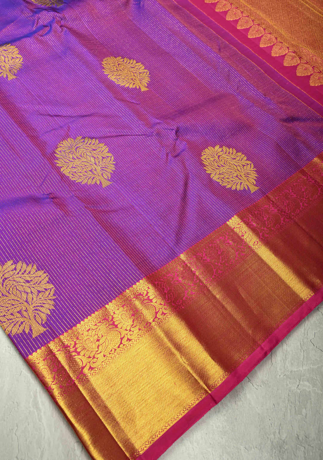 Purple Dual tone Vairaoosi Zari Stripes on Pure Kanjivaram Silk Handloom Saree with Tree Buttas and Zari Border  | SILK MARK CERTIFIED