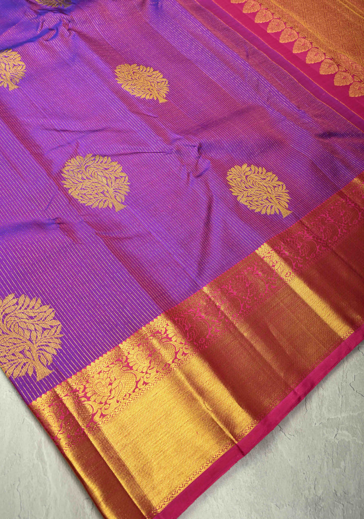 Purple Dual tone Vairaoosi Zari Stripes on Pure Kanjivaram Silk Handloom Saree with Tree Buttas and Zari Border  | SILK MARK CERTIFIED